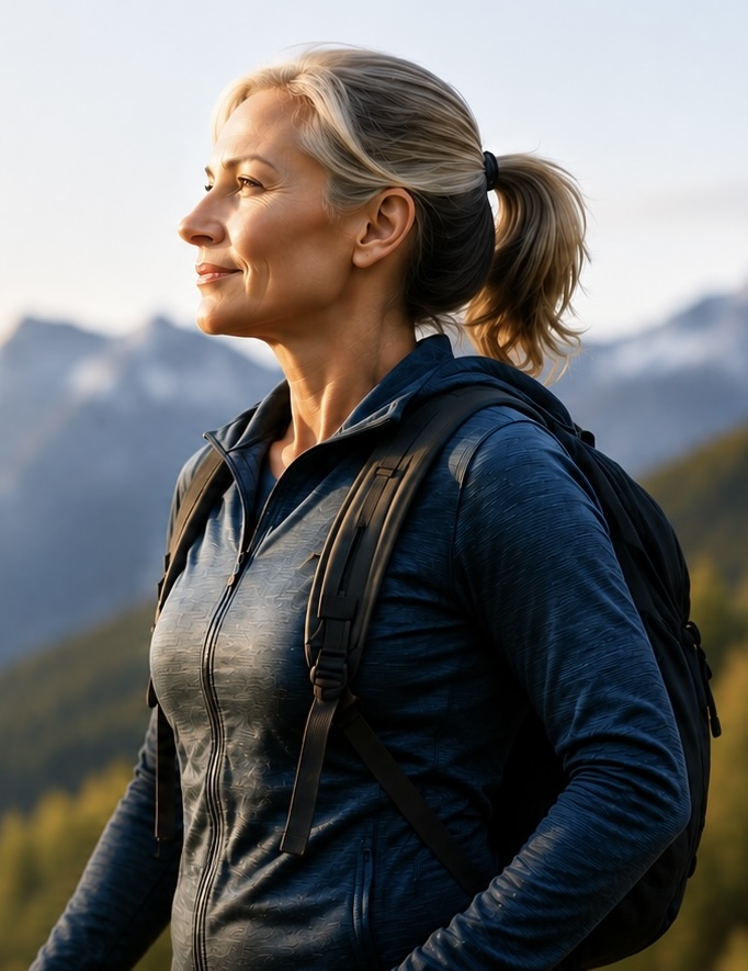 Woman hiker in front of mountains.