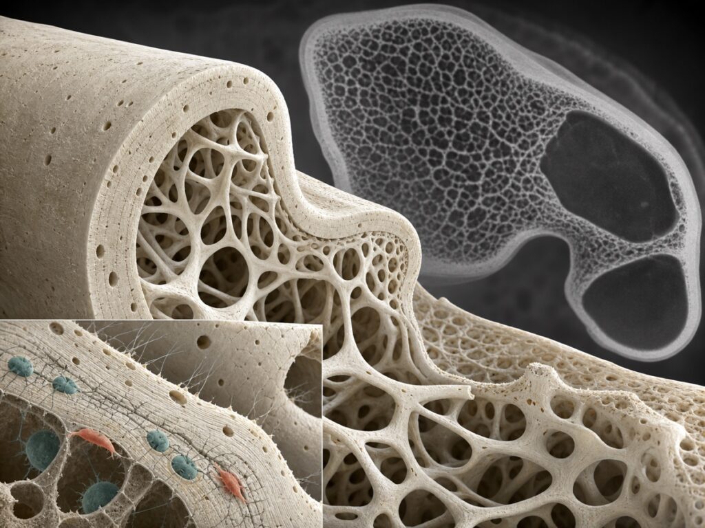 Custom HR-pQCT and radiograph-inspired illustration of cortical shell and trabecular microarchitecture.