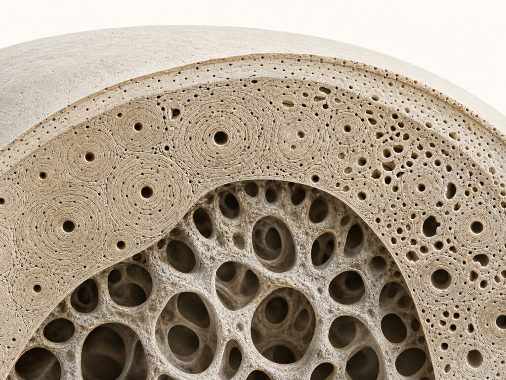Custom medical illustration of cortical bone showing osteons, Haversian canals, and cortical porosity.