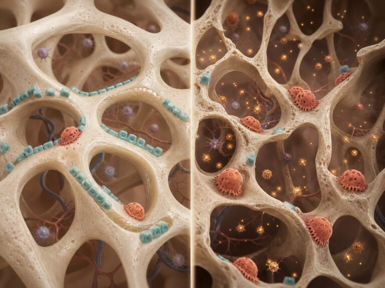 Illustration comparing balanced bone remodeling with higher-resorption bone remodeling after estrogen decline.