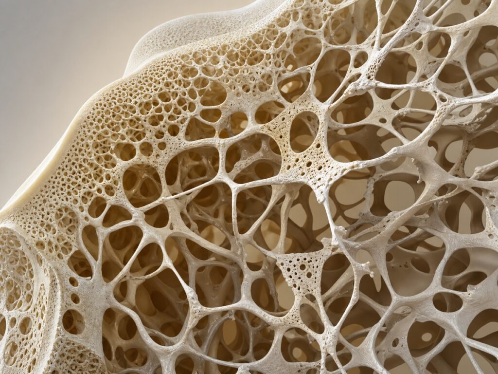 Custom micro-CT-inspired illustration of trabecular bone with thinning struts and widened marrow spaces.